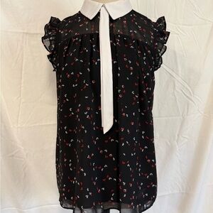 Floral Black Blouse with White Collar and Tie
